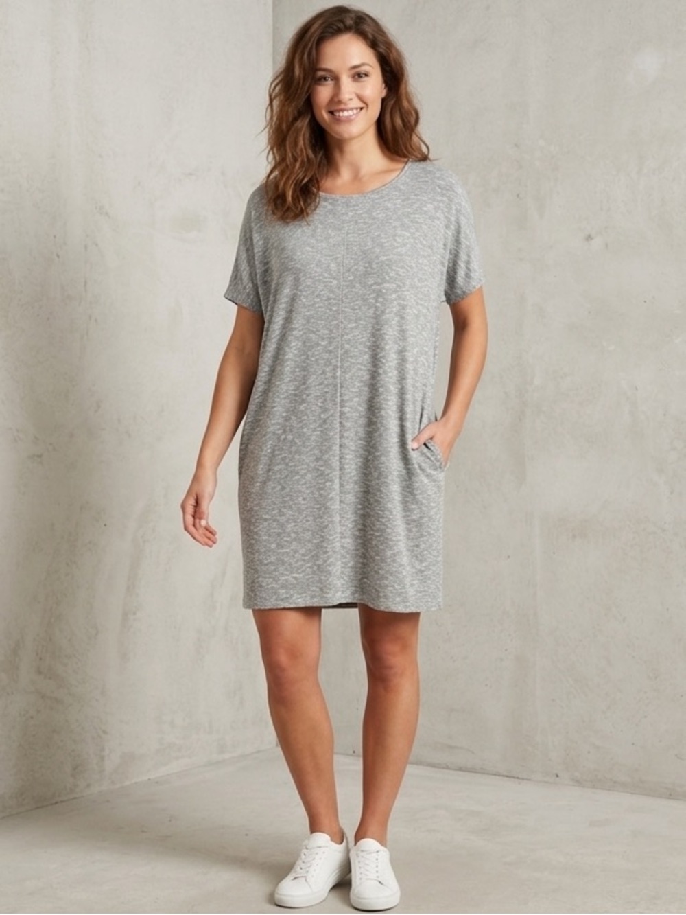Pure Jill Sage Green & White Marled Knit Dolman Sleeve Dress - Size Large Tall